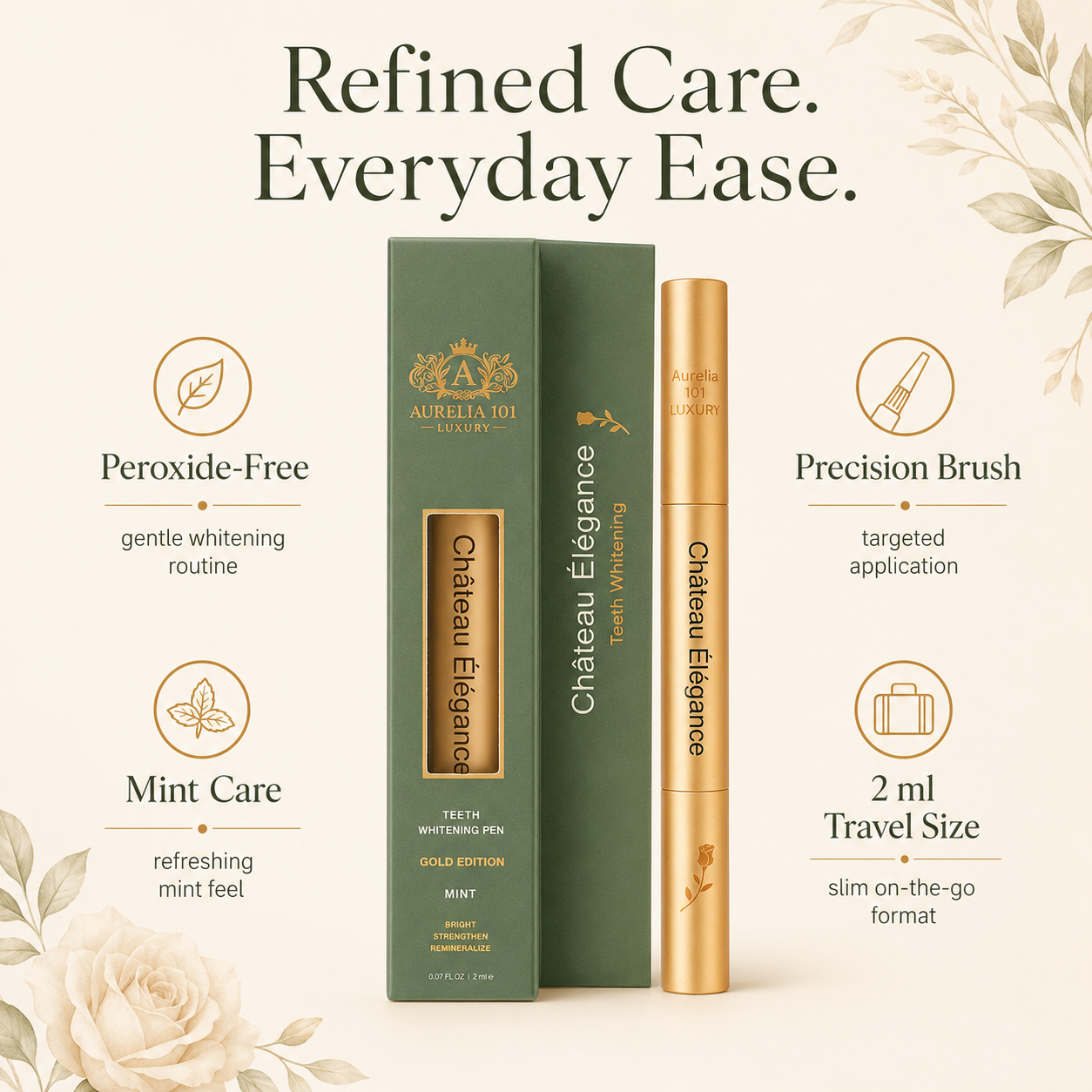 Château Élégance Gold Edition Teeth Whitening Pen – Peroxide-Free Pap Formula – Gentle Mint Whitening Ritual – 2 ml