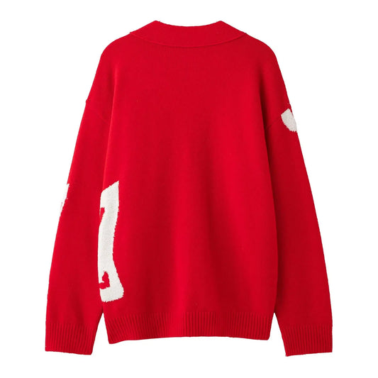 Édition Rouge Royale — Contrast Jacquard V‑Neck Cardigan