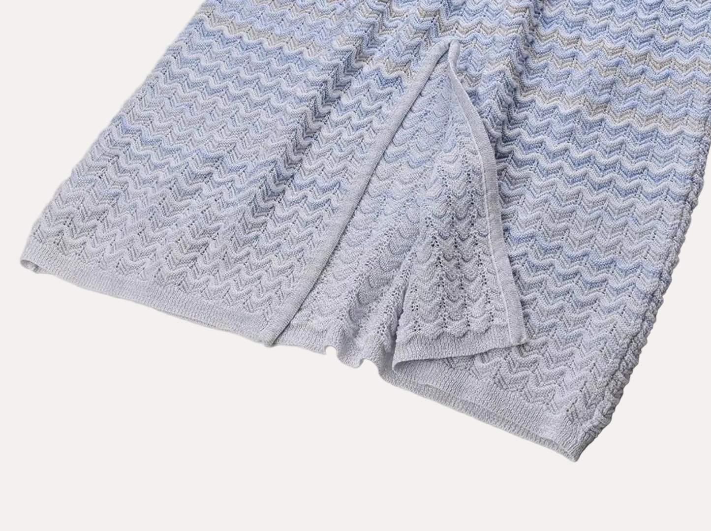 Château Élégance Azure Gold Zigzag Knit Maxi Dress