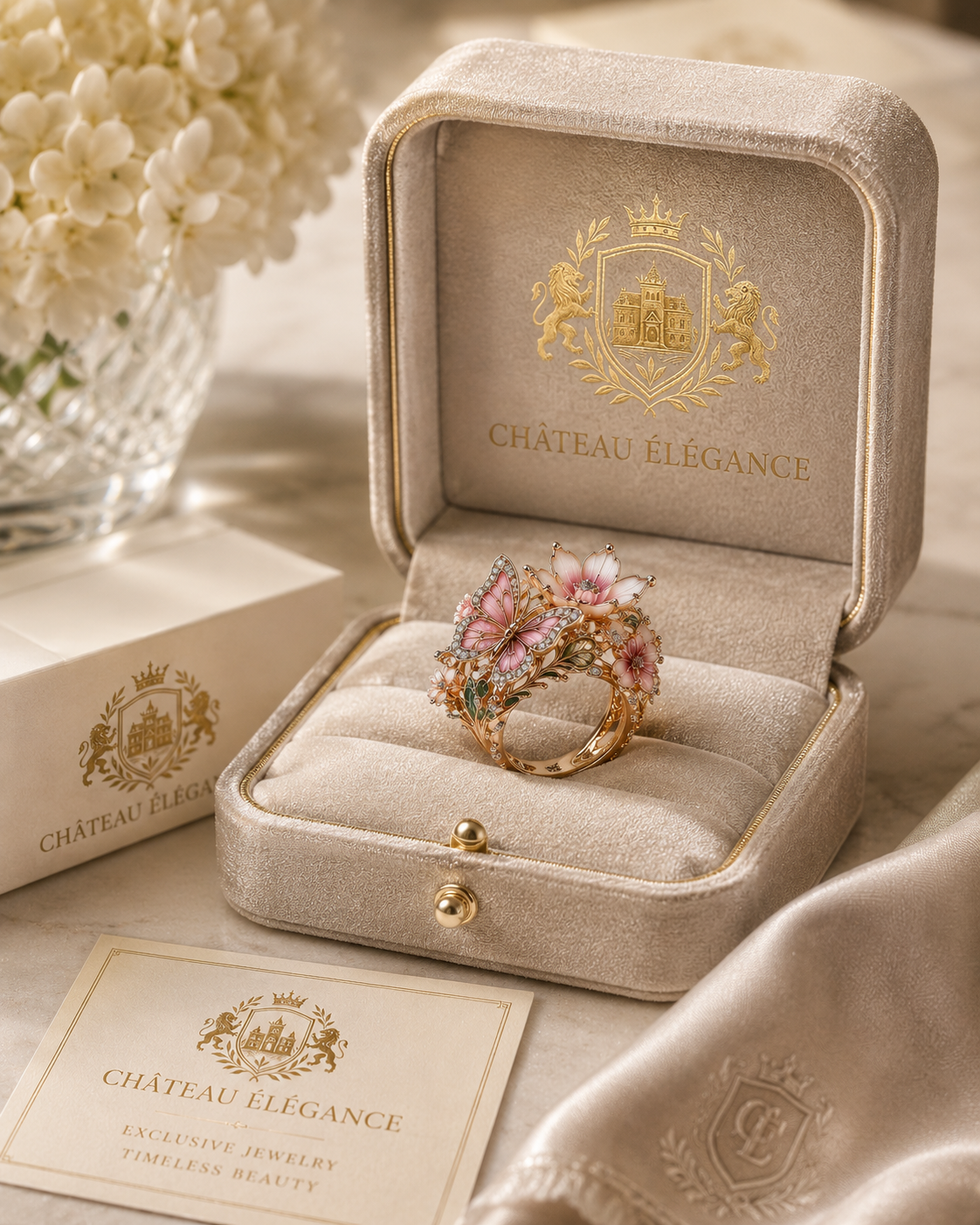 Château Élégance Papillon Rosé Butterfly Ring & Earings Set