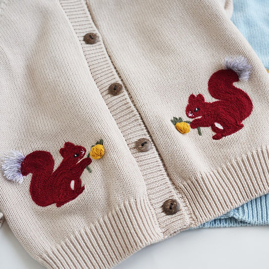 Fine Cotton Knit Cardigan with Embroidered Motif