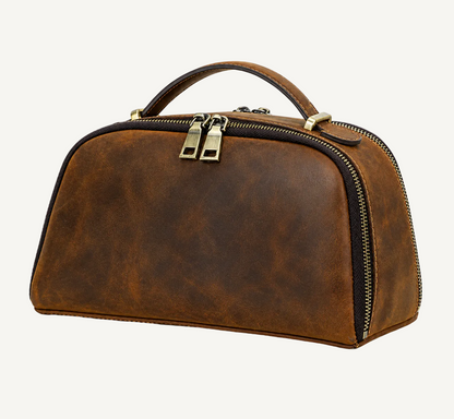 Premium oil-nubuck leather travel pouch for tech and cables by Château Élégance.