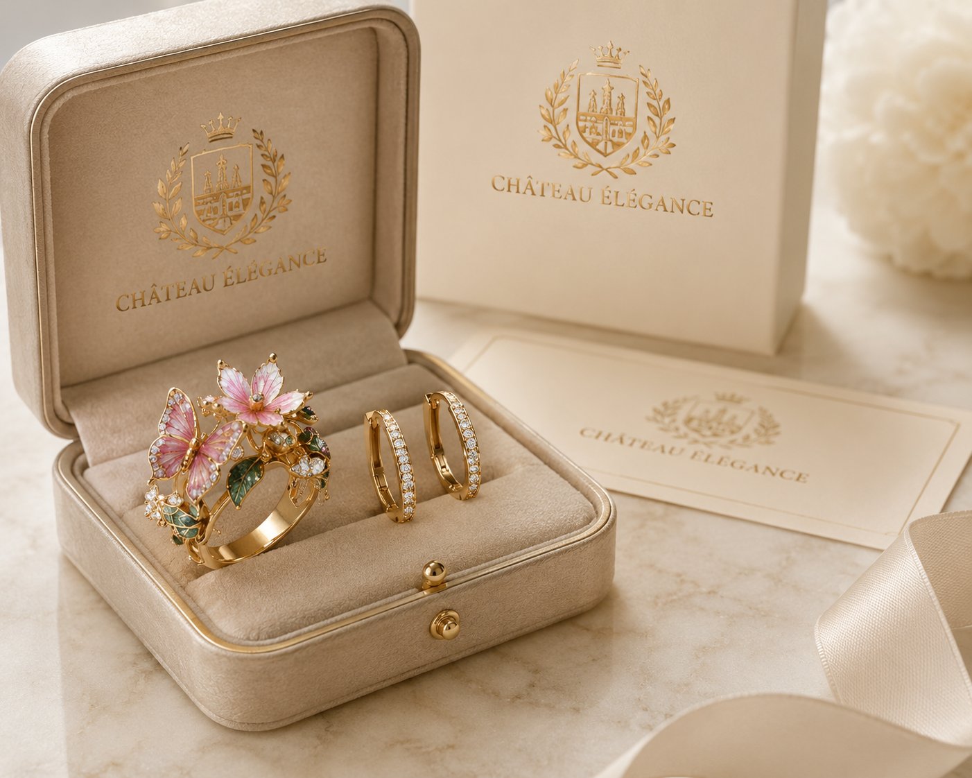 Château Élégance Papillon Rosé Butterfly Ring & Earings Set