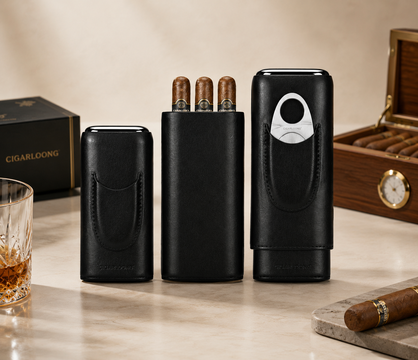 Château Élégance Mayfair Reserve luxury leather cigar case with integrated cutter.