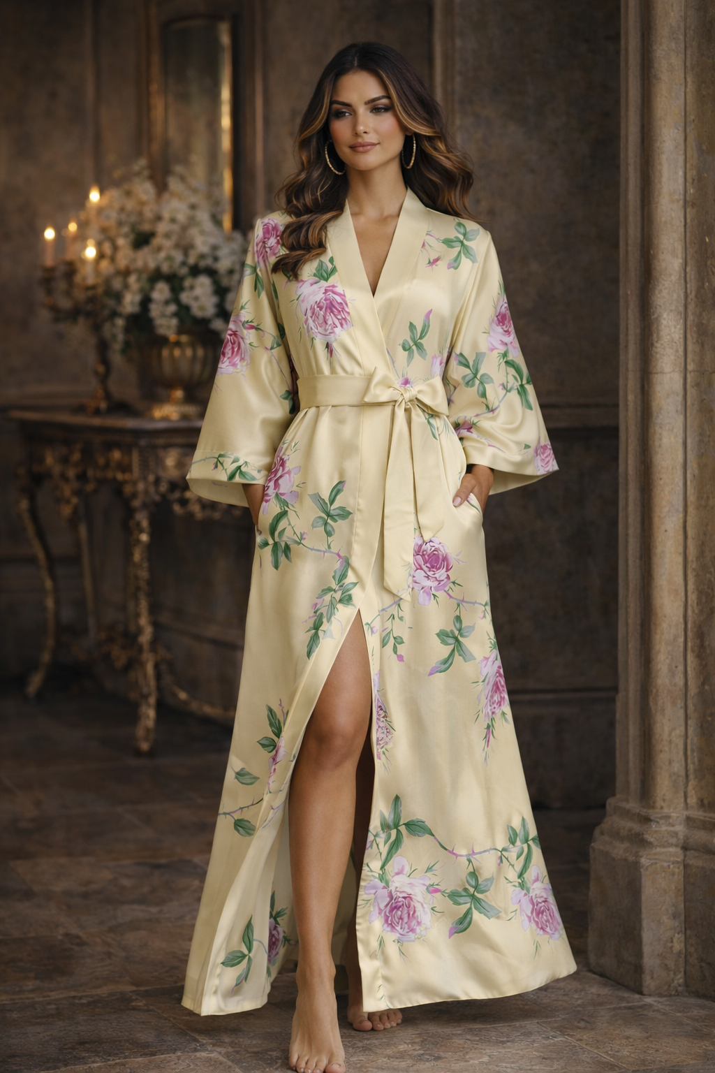 Jardin de Nuit Robe – Château Élégance
Floral Satin Kimono Robe with Silken Tie