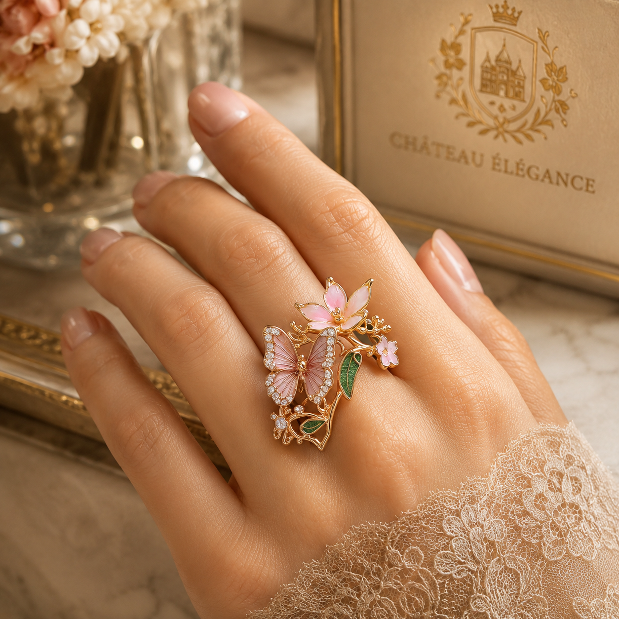 Château Élégance Papillon Rosé Butterfly Ring & Earings Set