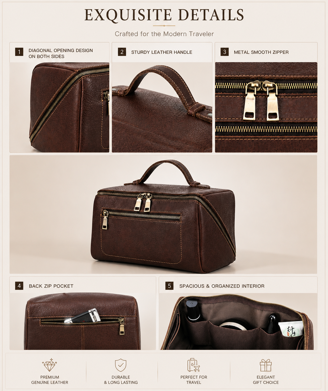 Château Élégance® Monaco Voyage™ – Handcrafted Leather Toiletry Bag