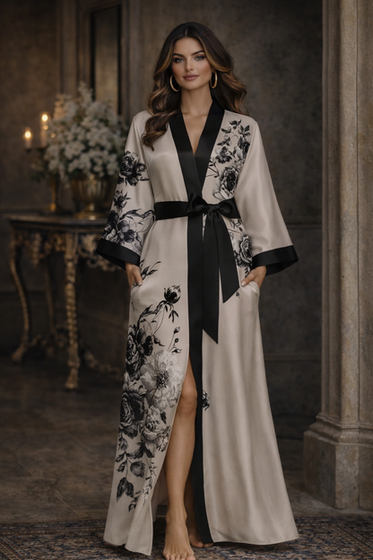 Jardin de Nuit Robe – Château Élégance
Floral Satin Kimono Robe with Silken Tie