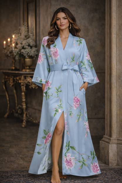 Jardin de Nuit Robe – Château Élégance
Floral Satin Kimono Robe with Silken Tie