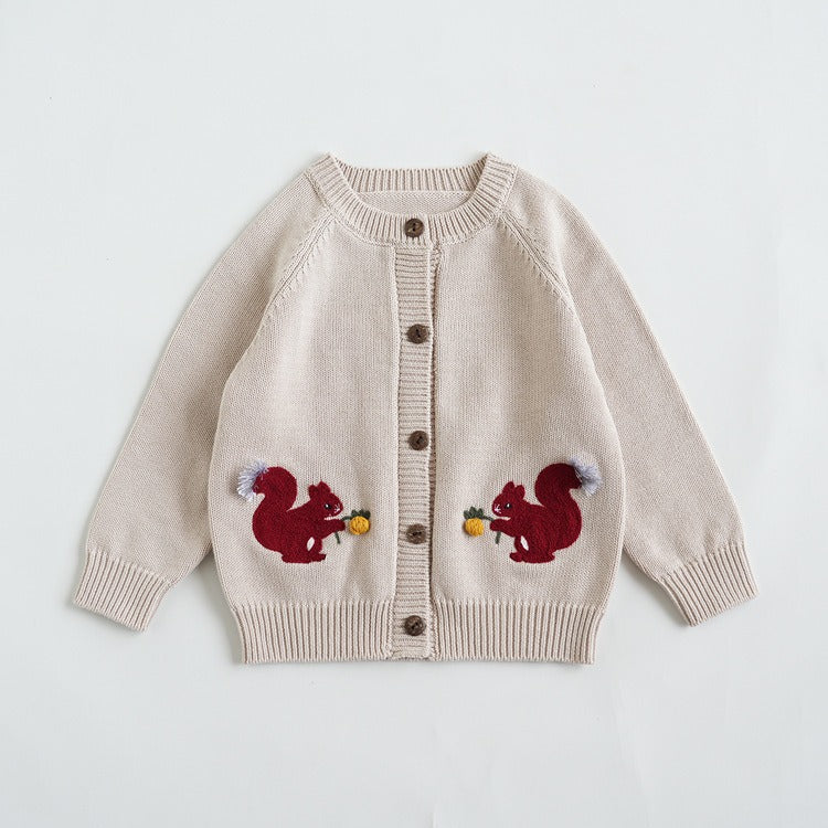 Fine Cotton Knit Cardigan with Embroidered Motif