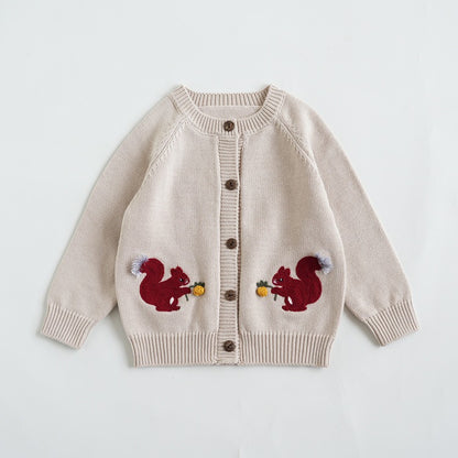 Fine Cotton Knit Cardigan with Embroidered Motif