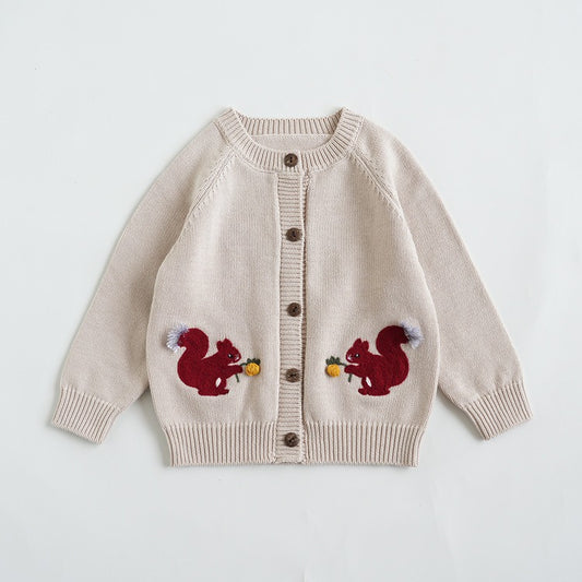Fine Cotton Knit Cardigan with Embroidered Motif