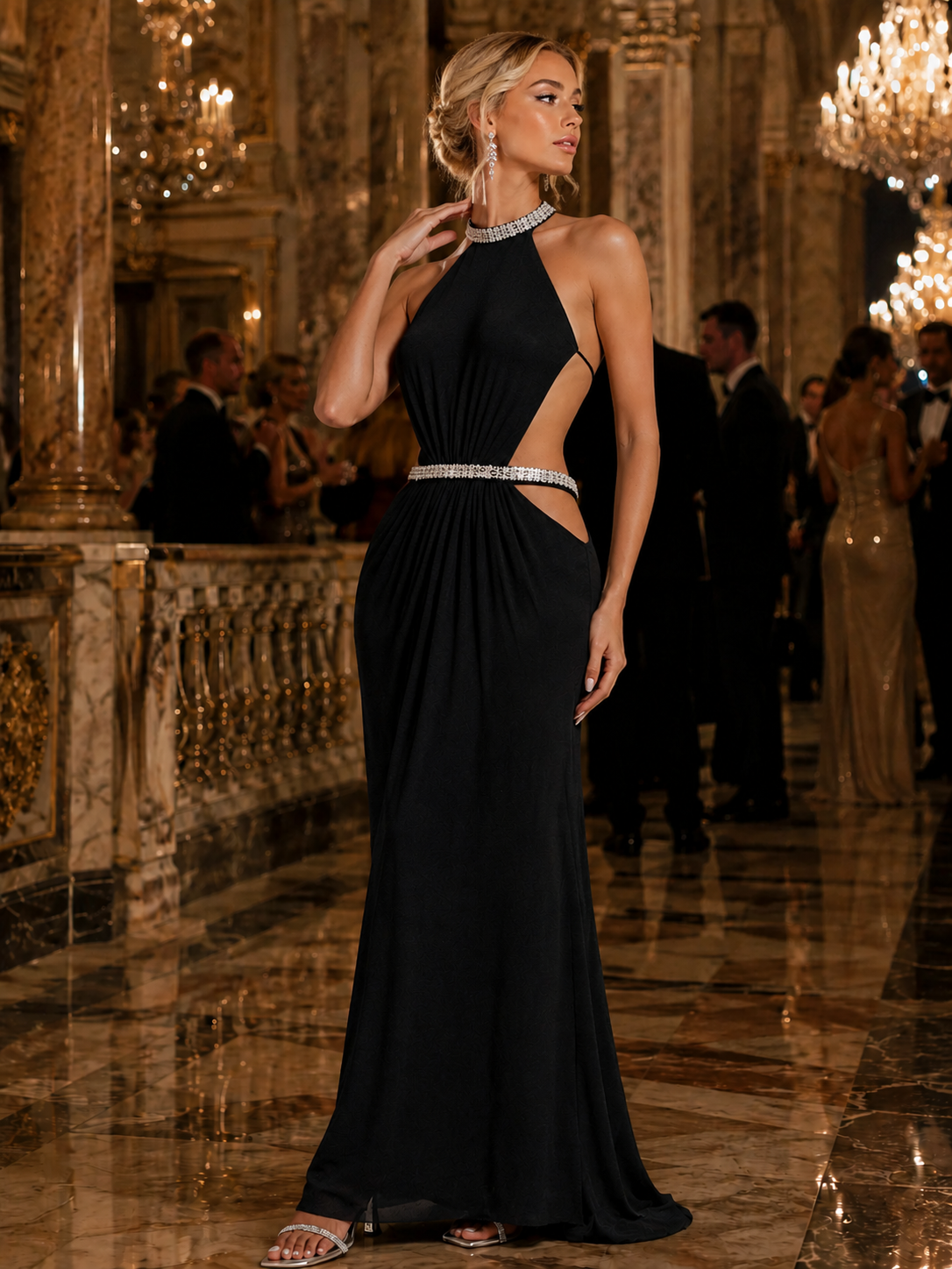 Château Élégance Black Crystal Evening Maxi Dress
