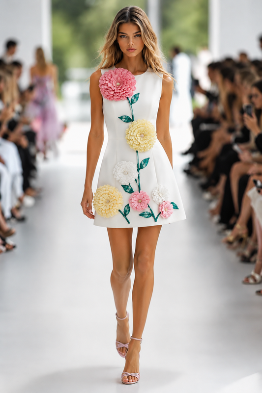 Château Élégance Fleur d’Or 3D Floral Mini Dress