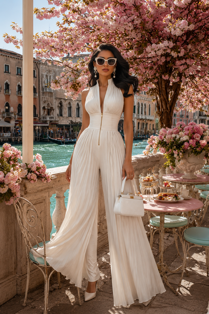 Château Élégance Chiffon Wide-Leg Jumpsuit