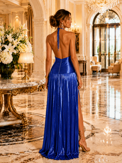 Château Élégance Metallic Peridot Halter Maxi Dress
