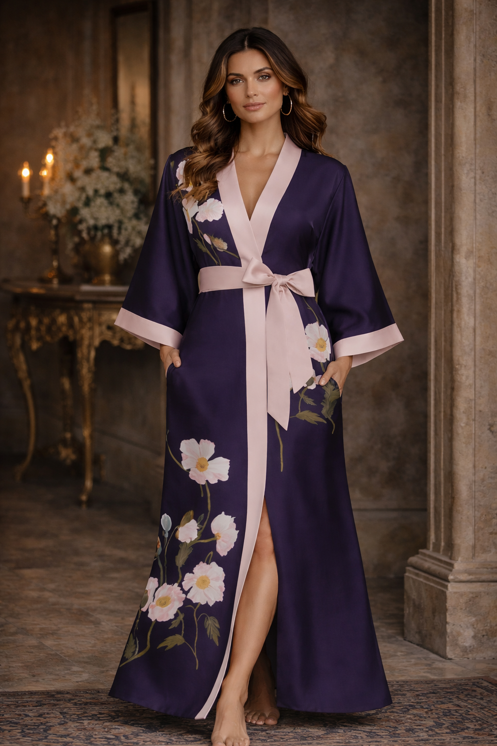 Jardin de Nuit Robe – Château Élégance
Floral Satin Kimono Robe with Silken Tie