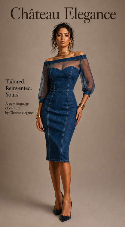 Château Élégance Denim Midi Dress for Women