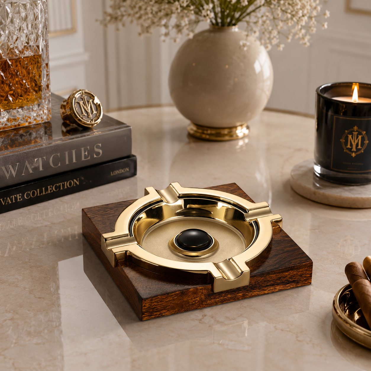 Château Élégance Gilded Wood Cigar Ashtray