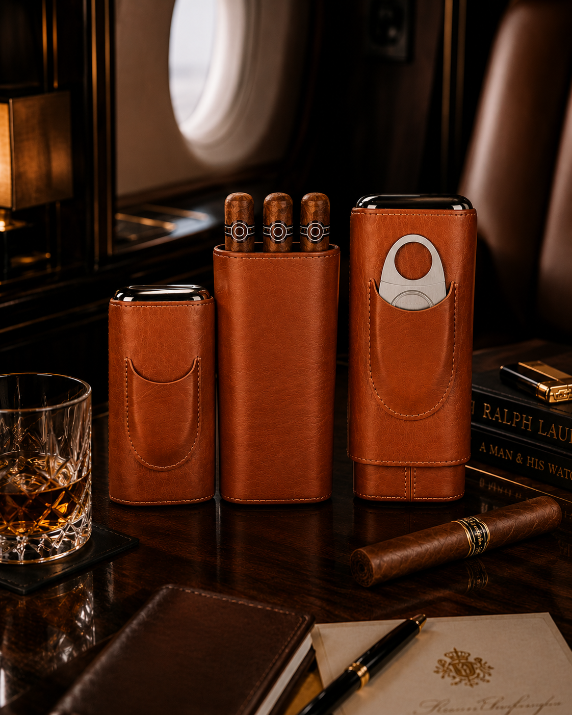Château Élégance Mayfair Reserve luxury leather cigar case with integrated cutter.
