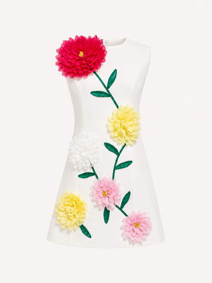 Château Élégance Fleur d’Or 3D Floral Mini Dress