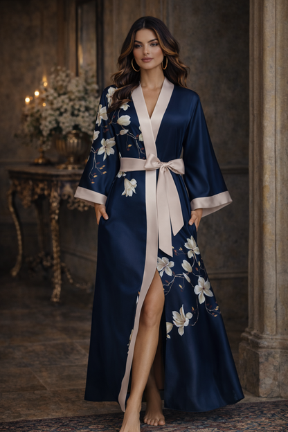 Jardin de Nuit Robe – Château Élégance
Floral Satin Kimono Robe with Silken Tie