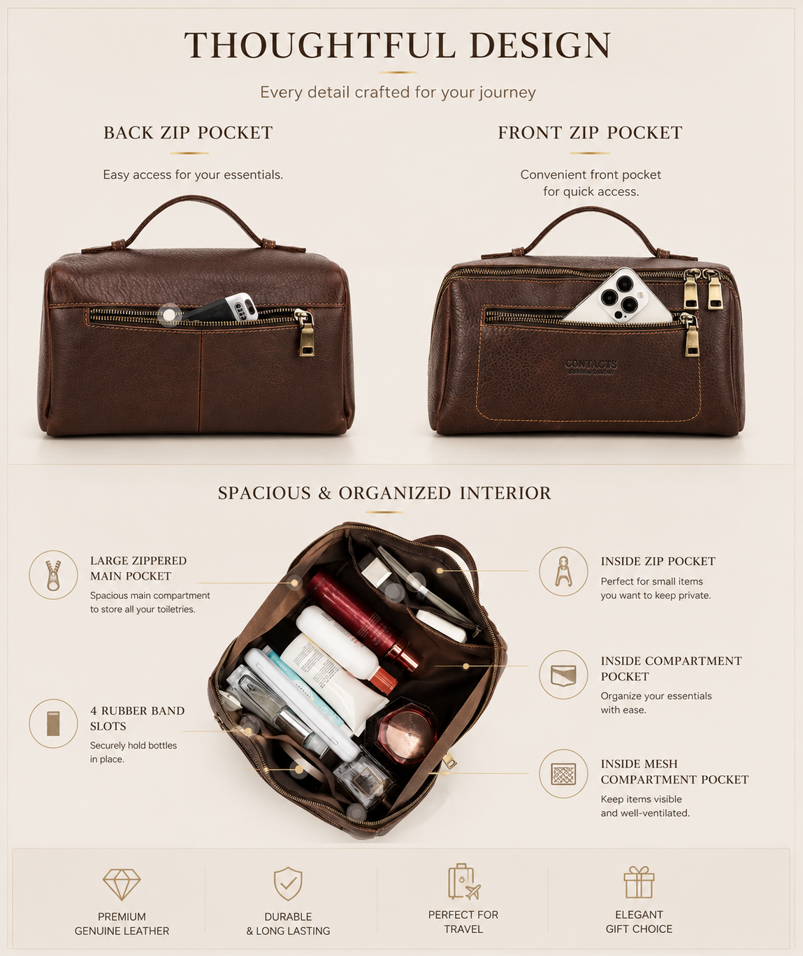 Château Élégance® Monaco Voyage™ – Handcrafted Leather Toiletry Bag