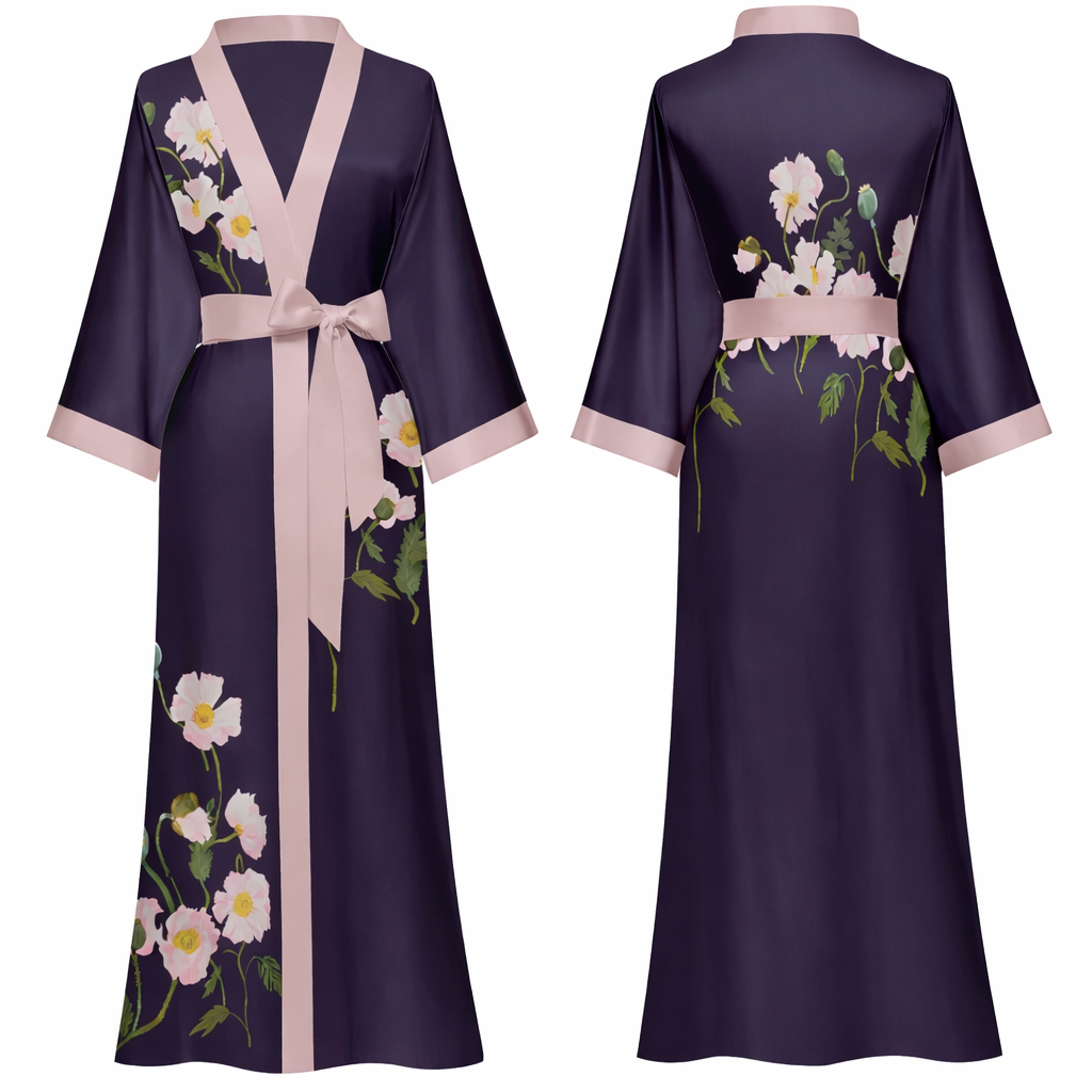 Jardin de Nuit Robe – Château Élégance
Floral Satin Kimono Robe with Silken Tie