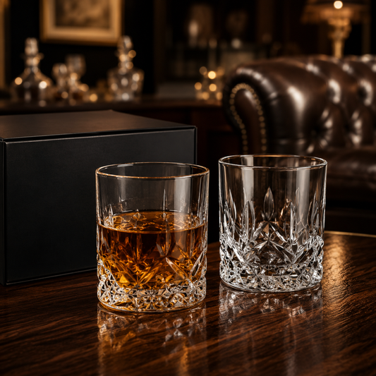 Château Élégance luxury crystal whisky tumblers in a Gentlemen's Lounge setting.