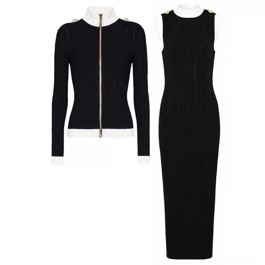 “Élégance Contour Set — Sculpted Knit Dress & Cardigan Duo”