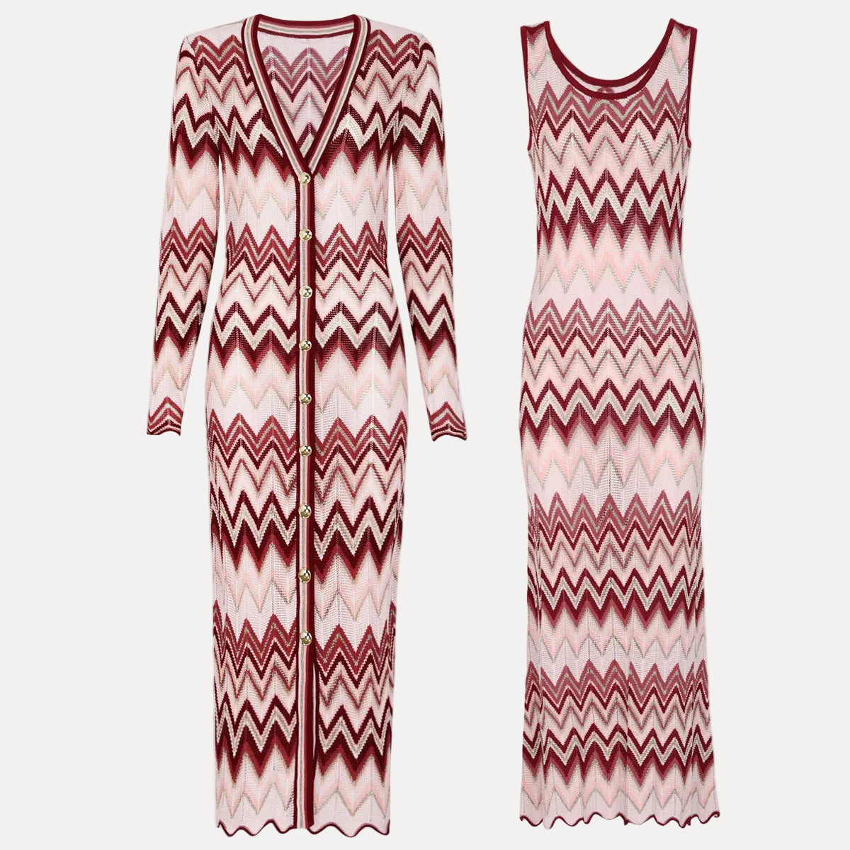 Château Élégance Zigzag Knit Dress & Long Jacket