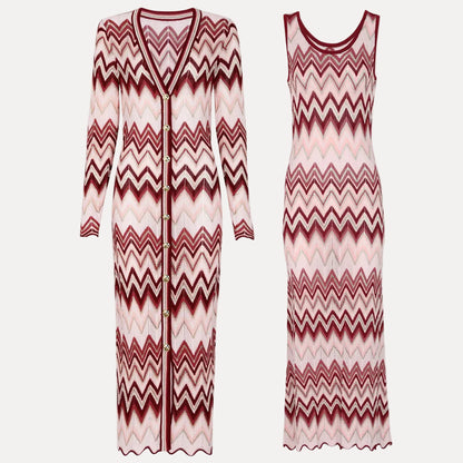 Château Élégance Zigzag Knit Dress & Long Jacket