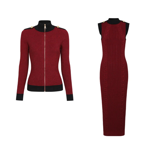 “Élégance Contour Set — Sculpted Knit Dress & Cardigan Duo”