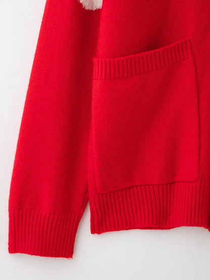 Édition Rouge Royale — Contrast Jacquard V‑Neck Cardigan