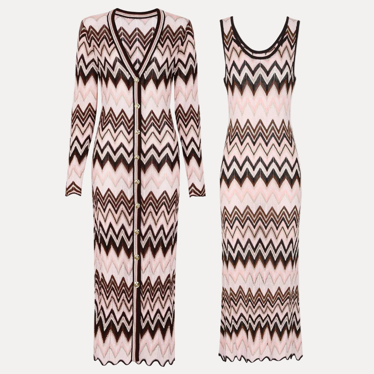 Château Élégance Zigzag Knit Dress & Long Jacket