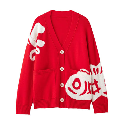 Édition Rouge Royale — Contrast Jacquard V‑Neck Cardigan