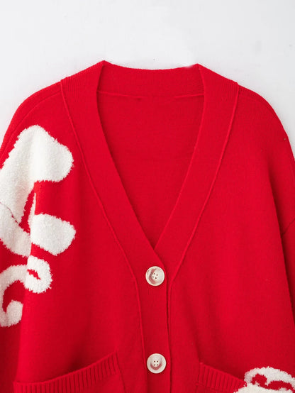 Édition Rouge Royale — Contrast Jacquard V‑Neck Cardigan
