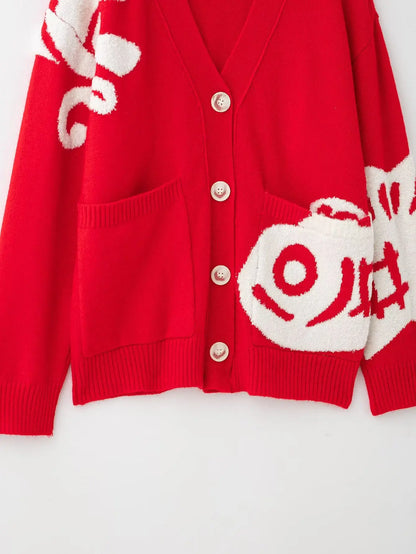 Édition Rouge Royale — Contrast Jacquard V‑Neck Cardigan