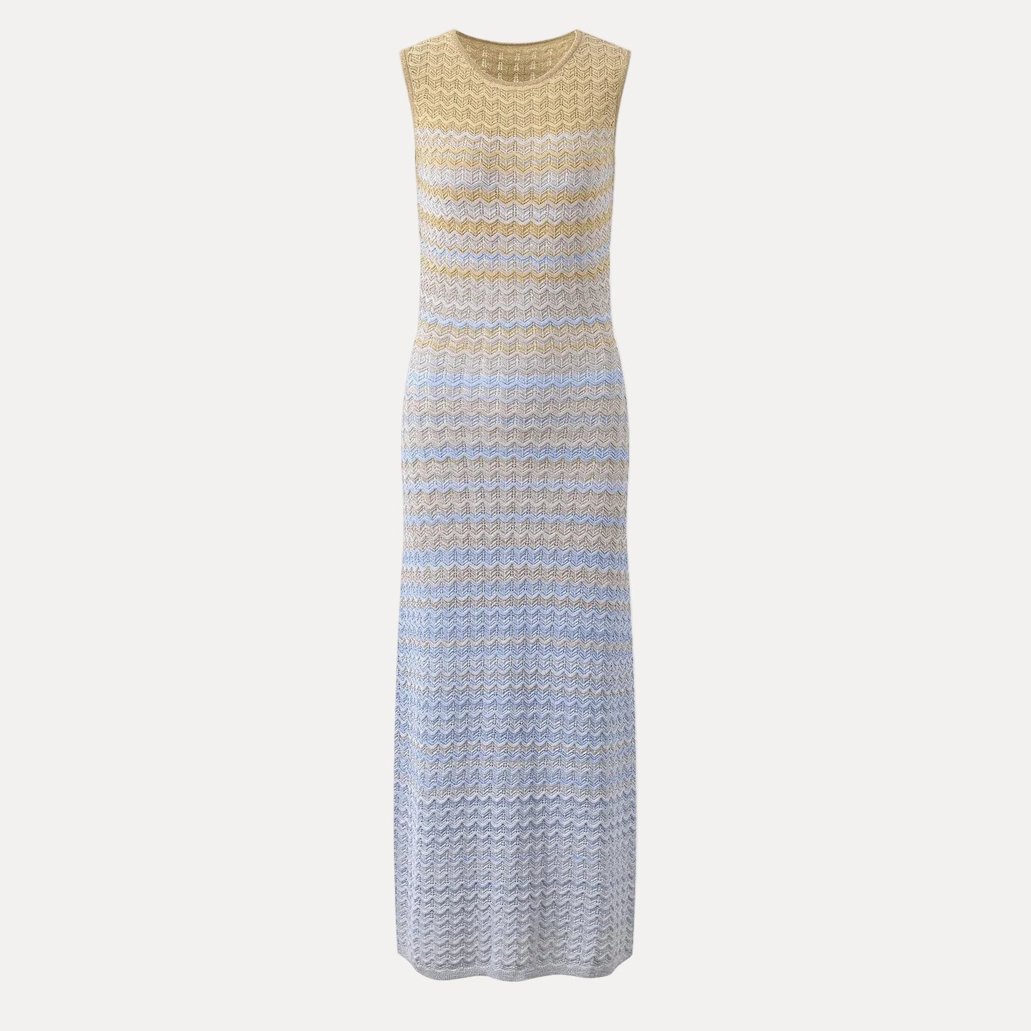 Château Élégance Azure Gold Zigzag Knit Maxi Dress