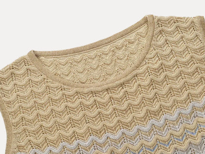 Château Élégance Azure Gold Zigzag Knit Maxi Dress