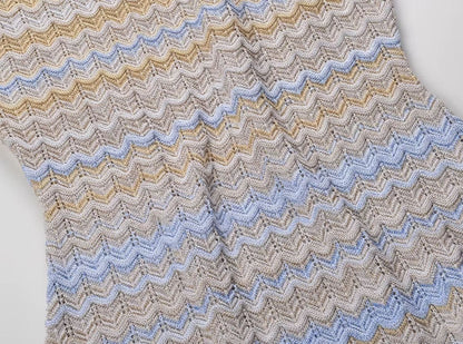 Château Élégance Azure Gold Zigzag Knit Maxi Dress