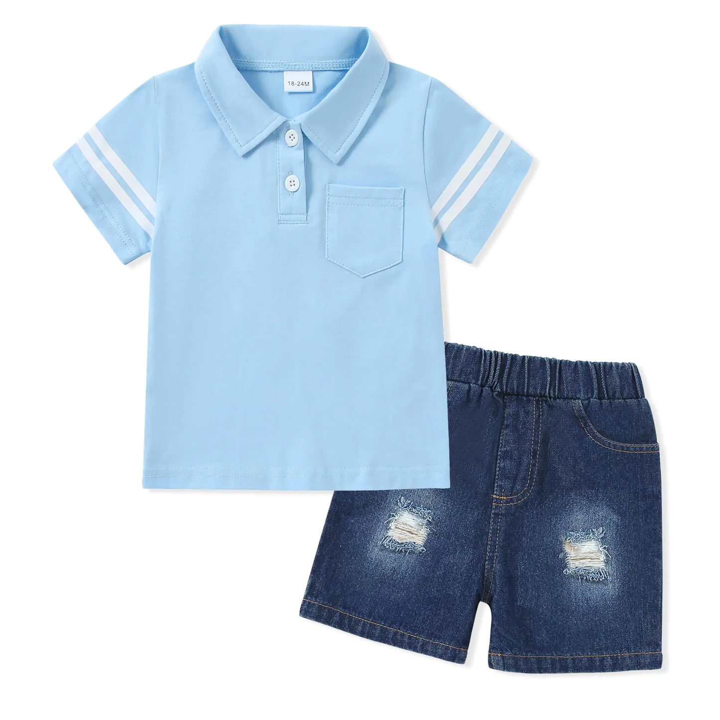 Classic Toddler Polo & Denim Set – Soft Blue
