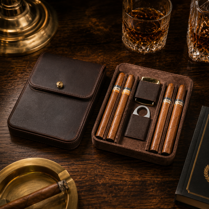 Handcrafted crazy horse leather cigar humidor with dedicated accessory space by Château Élégance.