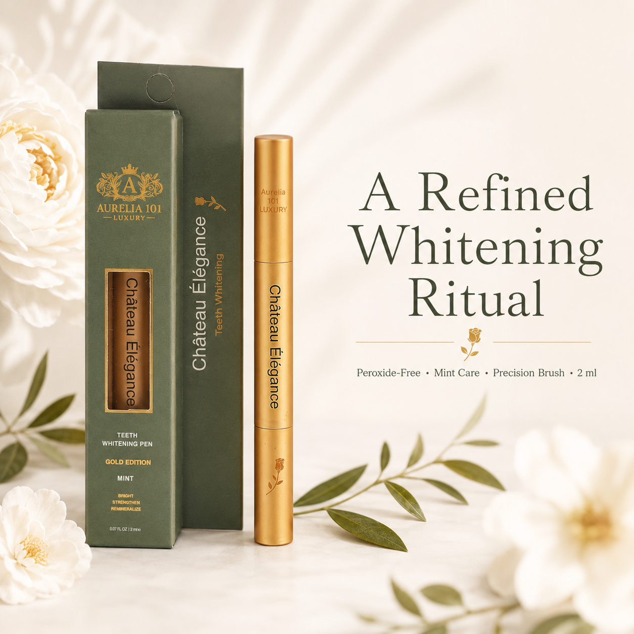 Château Élégance Gold Edition Teeth Whitening Pen – Peroxide-Free Pap Formula – Gentle Mint Whitening Ritual – 2 ml