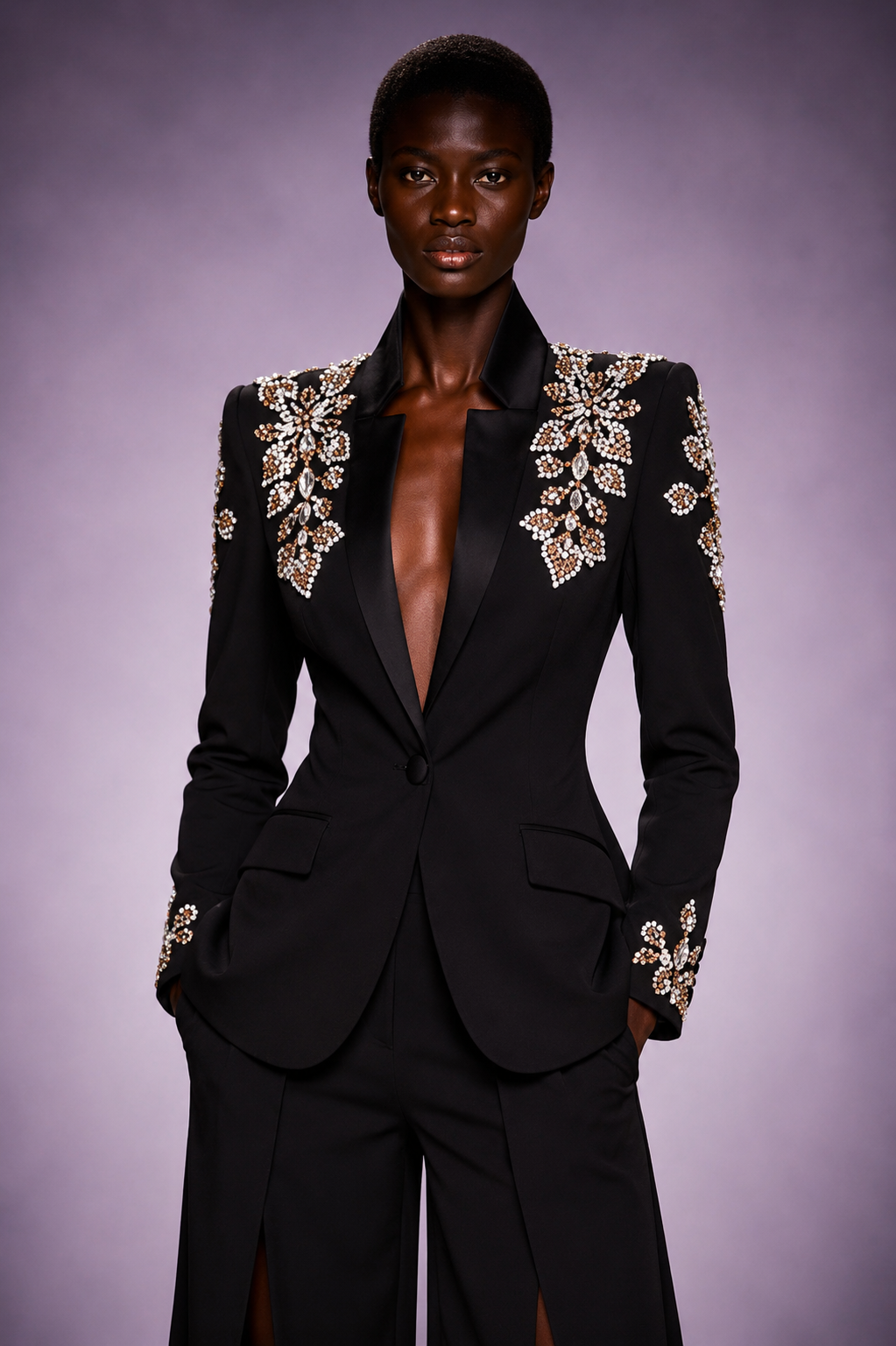 Château Élégance Crystal Floral Blazer Set for Women Black