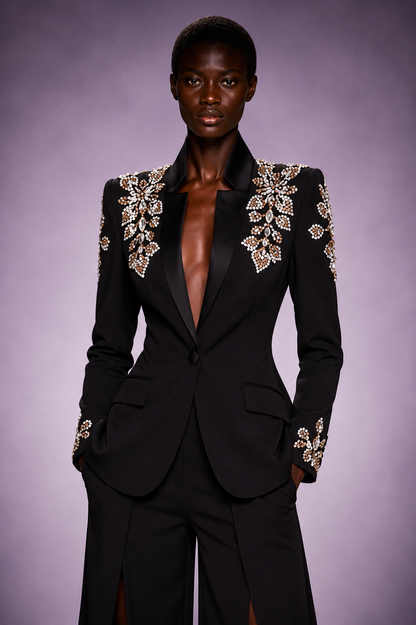 Château Élégance Crystal Floral Blazer Set for Women Black