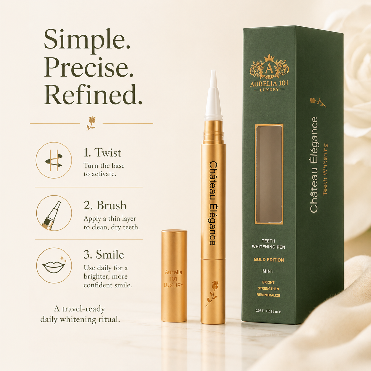 Château Élégance Gold Edition Teeth Whitening Pen – Peroxide-Free Pap Formula – Gentle Mint Whitening Ritual – 2 ml