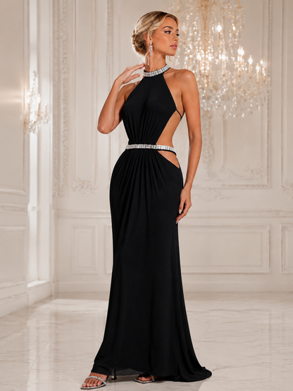 Château Élégance Black Crystal Evening Maxi Dress