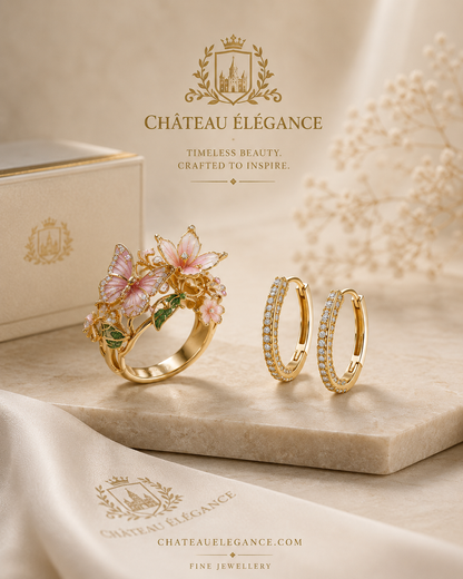 Château Élégance Papillon Rosé Butterfly Ring & Earings Set
