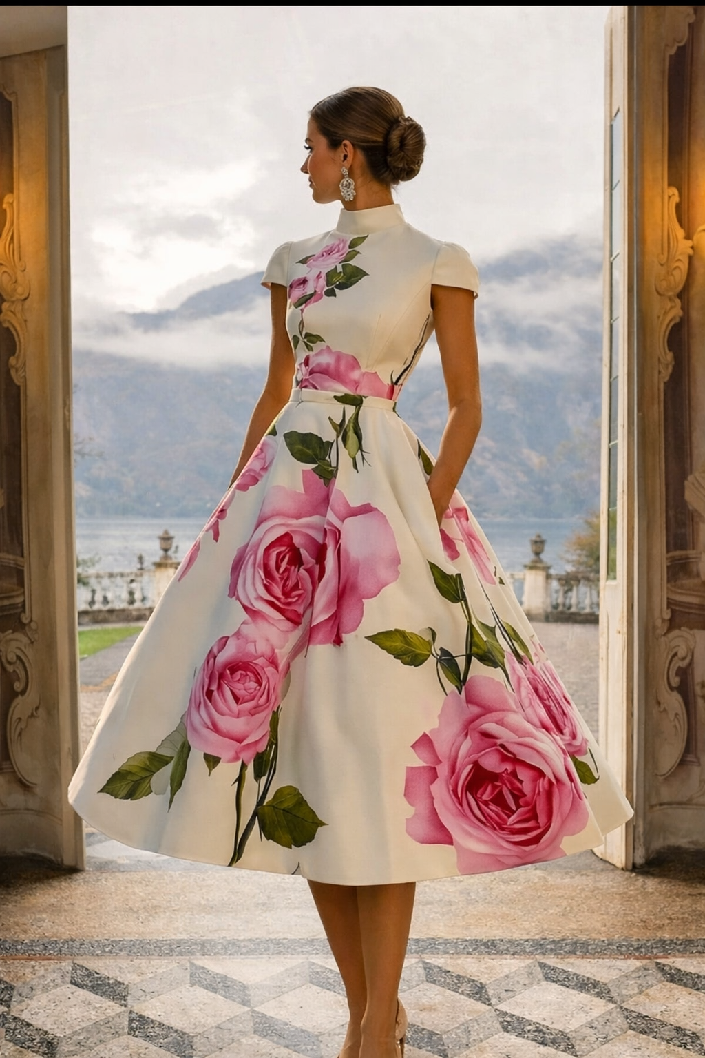 Château Élégance Rose Éternelle Floral Midi Dress
